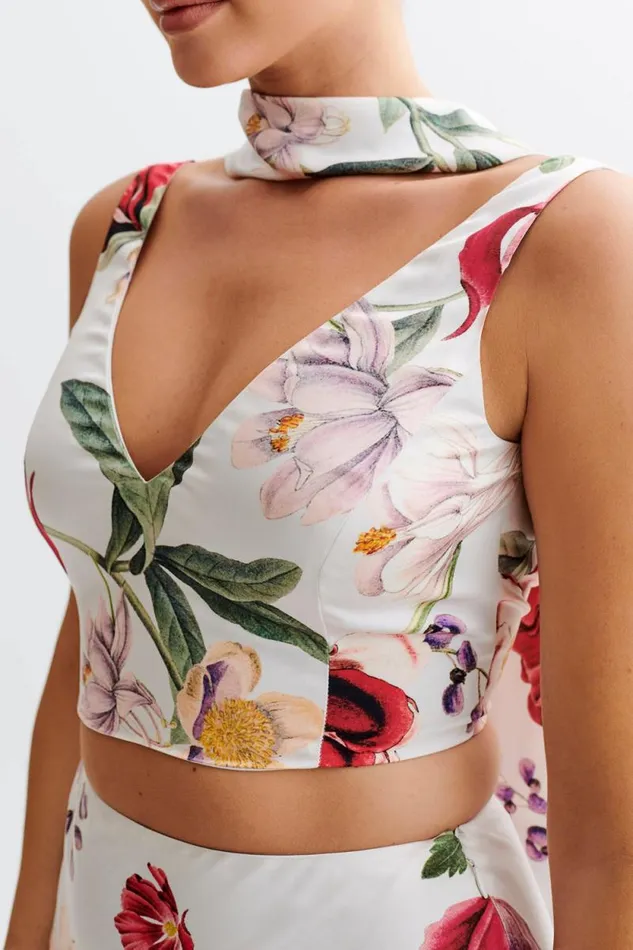 Women Meshki Tops Carla Satin Sleeveless Top With Scarf 8211 Bella Rosa Print