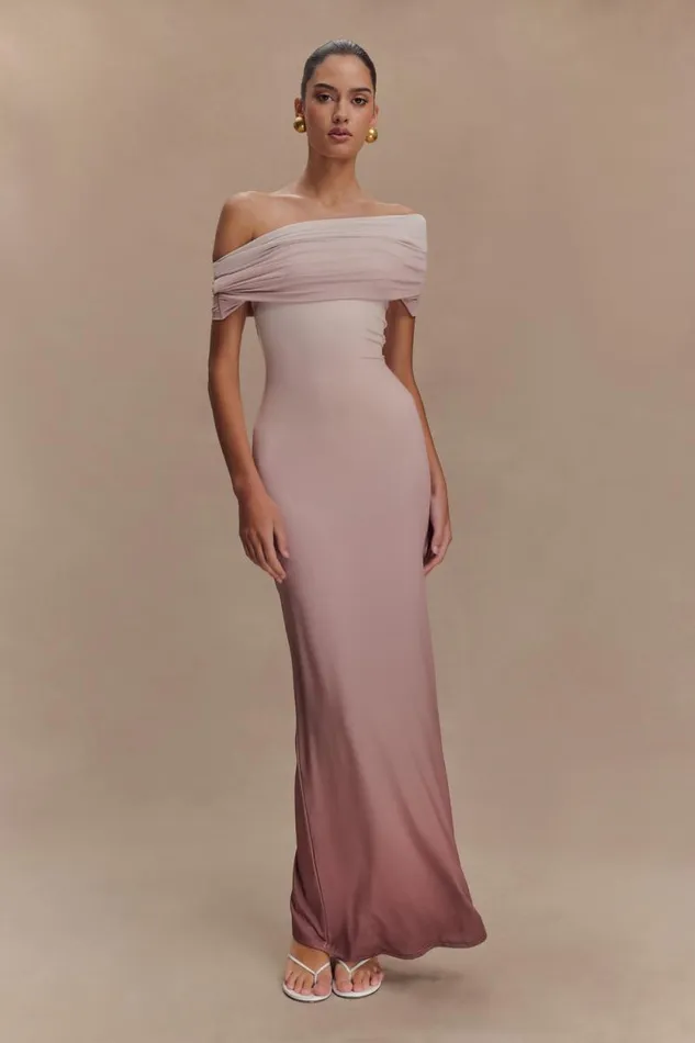 Women Meshki Tops Cassandra Off Shoulder Slinky Maxi Dress 8211 Neutral Ombre