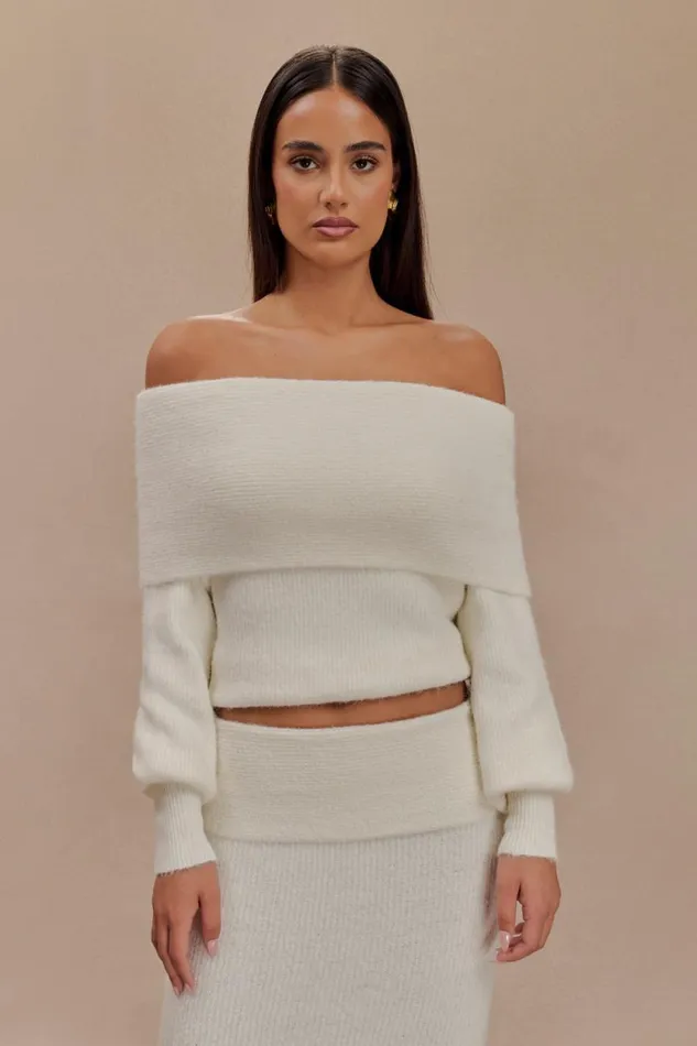 Women Meshki Tops Charlotte Off Shoulder Knit Long Sleeve Top 8211 Ivory