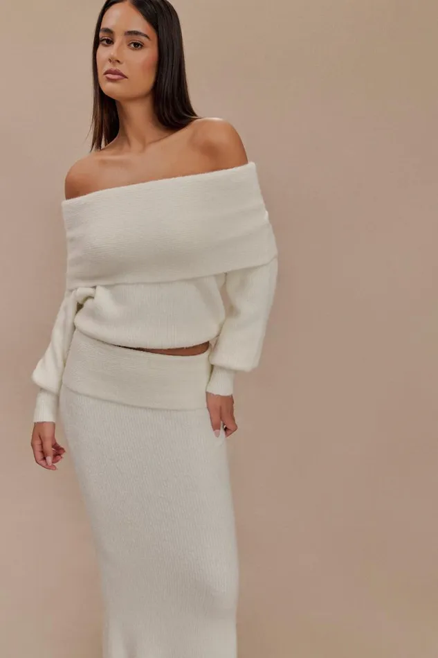 Women Meshki Tops Charlotte Off Shoulder Knit Long Sleeve Top 8211 Ivory