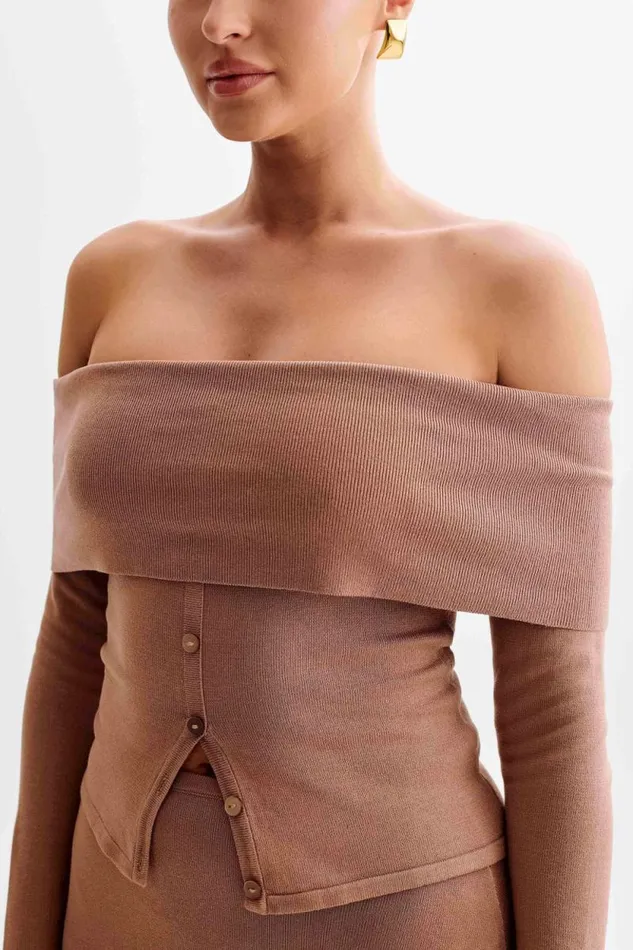 Women Meshki Tops Diedre Buttoned Off Shoulder Knit Top 8211 Pecan
