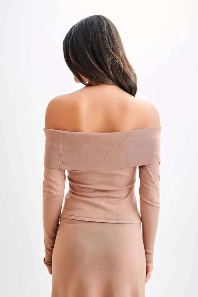 Women Meshki Tops Diedre Buttoned Off Shoulder Knit Top 8211 Pecan