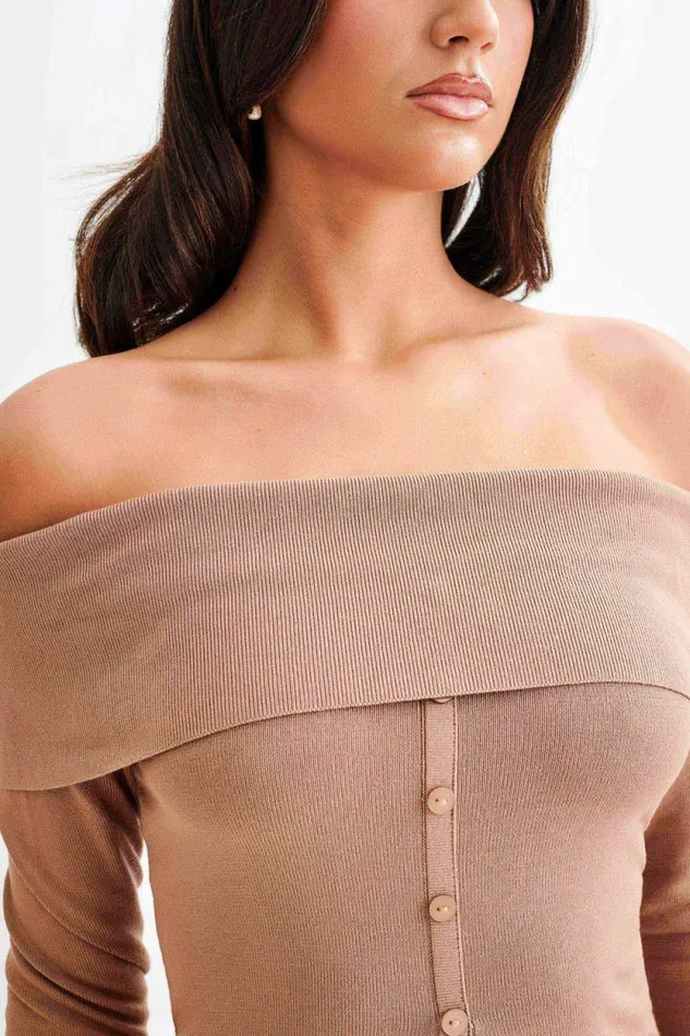 Women Meshki Tops Diedre Buttoned Off Shoulder Knit Top 8211 Pecan