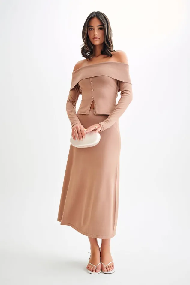 Women Meshki Tops Diedre Buttoned Off Shoulder Knit Top 8211 Pecan