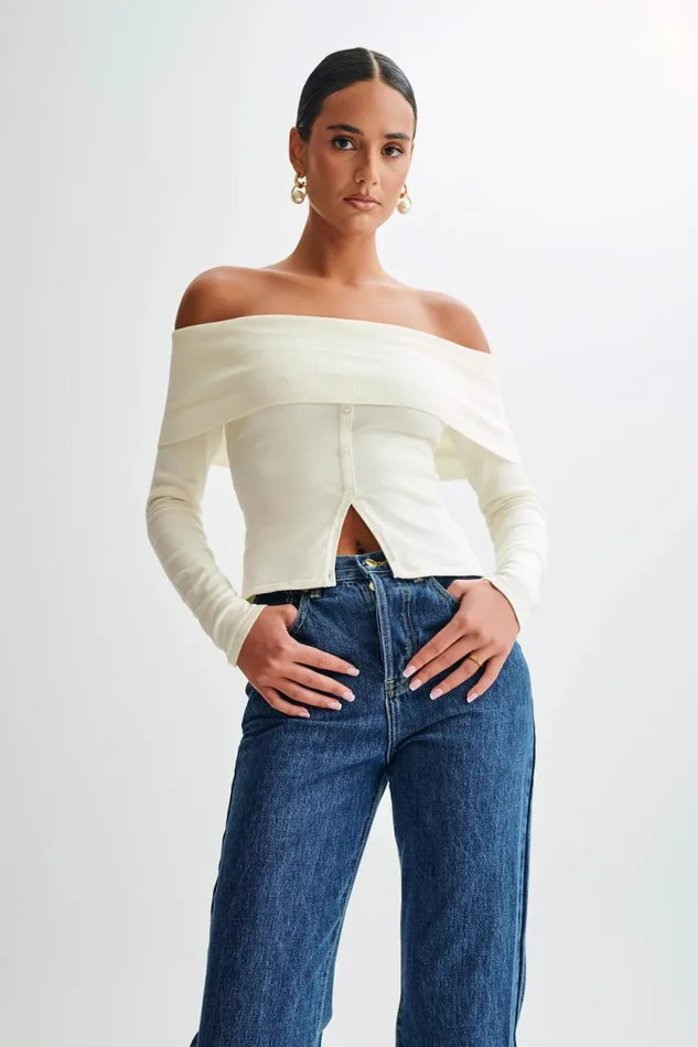 Women Meshki Tops Diedre Buttoned Off Shoulder Knit Top 8211 White