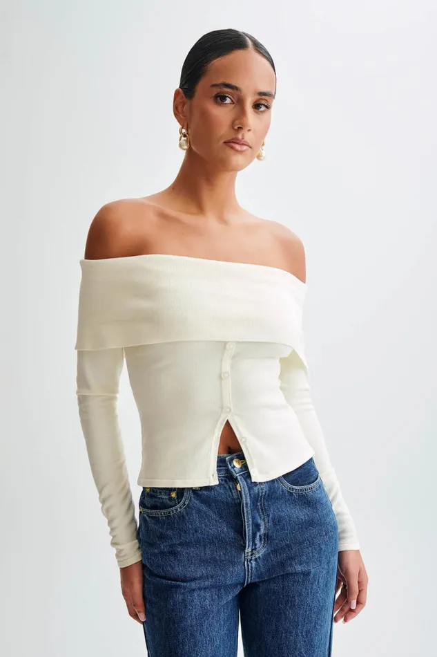 Women Meshki Tops Diedre Buttoned Off Shoulder Knit Top 8211 White