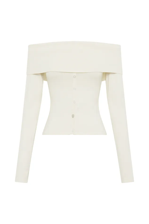 Women Meshki Tops Diedre Buttoned Off Shoulder Knit Top 8211 White