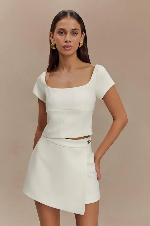 Women Meshki Tops Ellis Cap Sleeve Longline Suiting Top 8211 Ivory