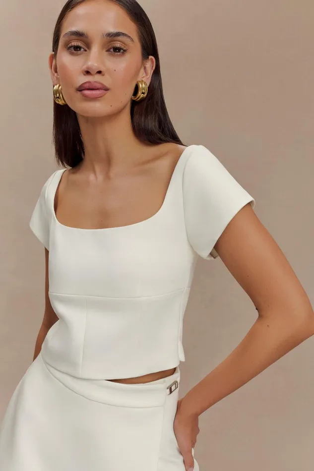 Women Meshki Tops Ellis Cap Sleeve Longline Suiting Top 8211 Ivory