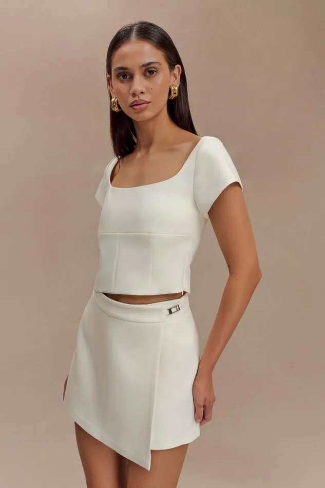 Women Meshki Tops Ellis Cap Sleeve Longline Suiting Top 8211 Ivory