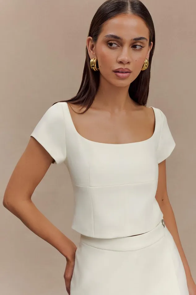 Women Meshki Tops Ellis Cap Sleeve Longline Suiting Top 8211 Ivory