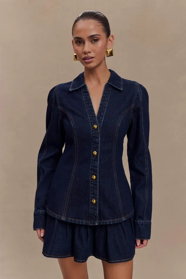 Women Meshki Tops Hilary Long Sleeve Denim Top 8211 Indigo Blue