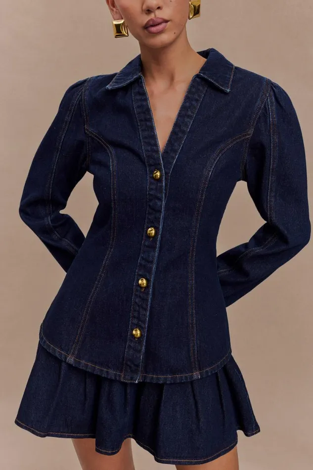 Women Meshki Tops Hilary Long Sleeve Denim Top 8211 Indigo Blue