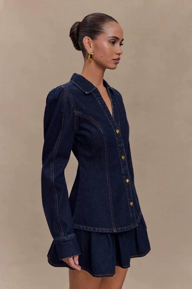 Women Meshki Tops Hilary Long Sleeve Denim Top 8211 Indigo Blue
