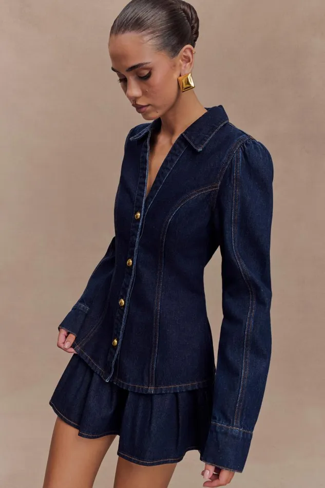 Women Meshki Tops Hilary Long Sleeve Denim Top 8211 Indigo Blue