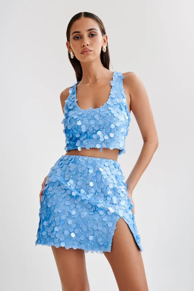 Women Meshki Tops Maude Transparent Sequin Racer Crop Top 8211 Cornflower Blue