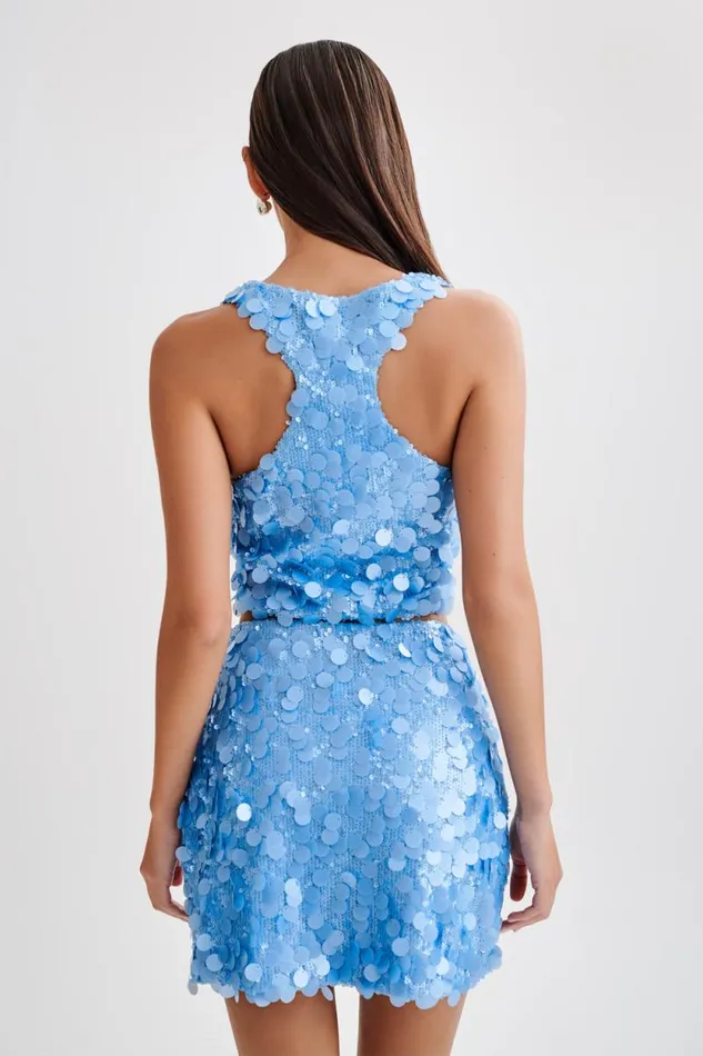 Women Meshki Tops Maude Transparent Sequin Racer Crop Top 8211 Cornflower Blue