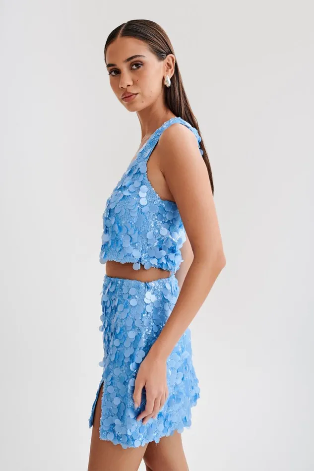 Women Meshki Tops Maude Transparent Sequin Racer Crop Top 8211 Cornflower Blue