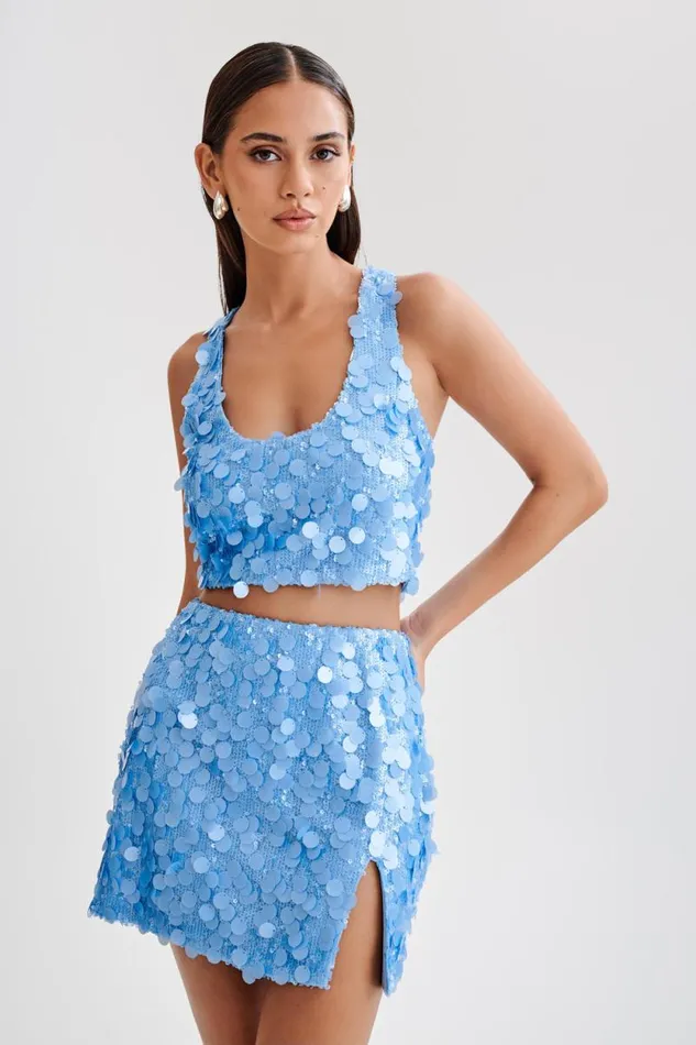 Women Meshki Tops Maude Transparent Sequin Racer Crop Top 8211 Cornflower Blue