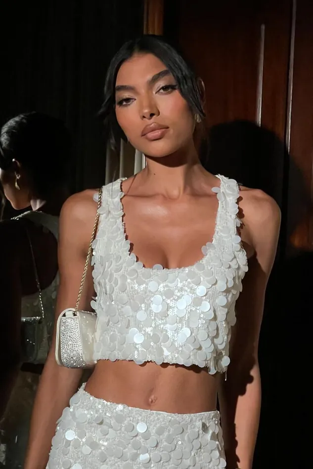 Women Meshki Tops Maude Transparent Sequin Racer Crop Top 8211 Ivory