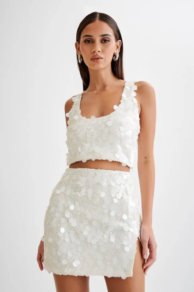 Women Meshki Tops Maude Transparent Sequin Racer Crop Top 8211 Ivory