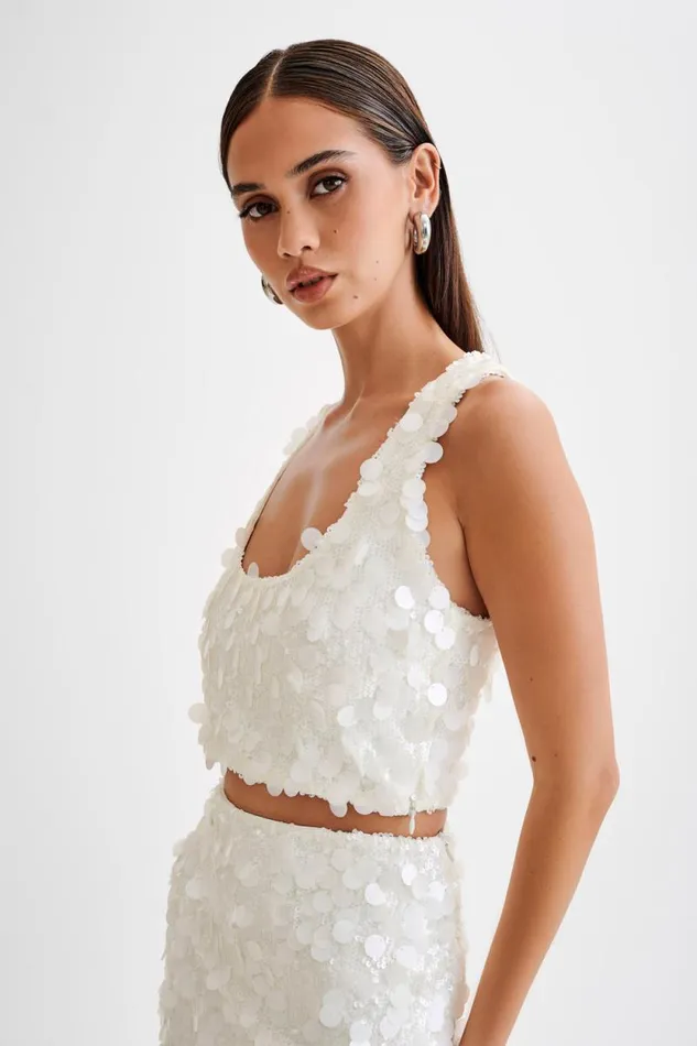 Women Meshki Tops Maude Transparent Sequin Racer Crop Top 8211 Ivory