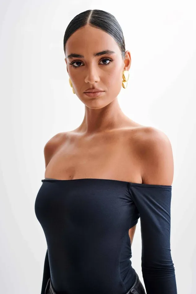 Women Meshki Tops Peta Off Shoulder Modal Long Sleeve Bodysuit 8211 Black