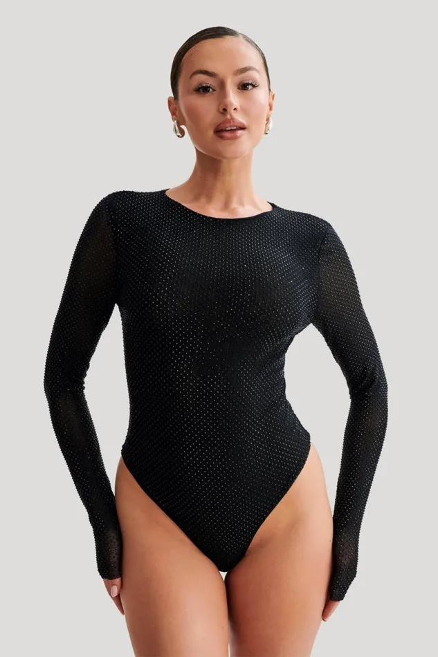 Women Meshki Tops Selma Long Sleeve Diamante Bodysuit 8211 BlackBlack