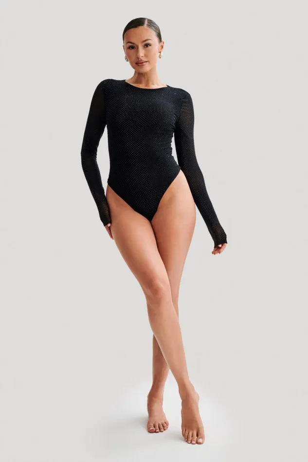 Women Meshki Tops Selma Long Sleeve Diamante Bodysuit 8211 BlackBlack