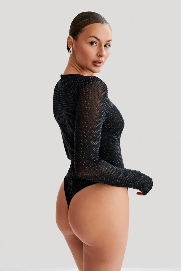 Women Meshki Tops Selma Long Sleeve Diamante Bodysuit 8211 BlackBlack