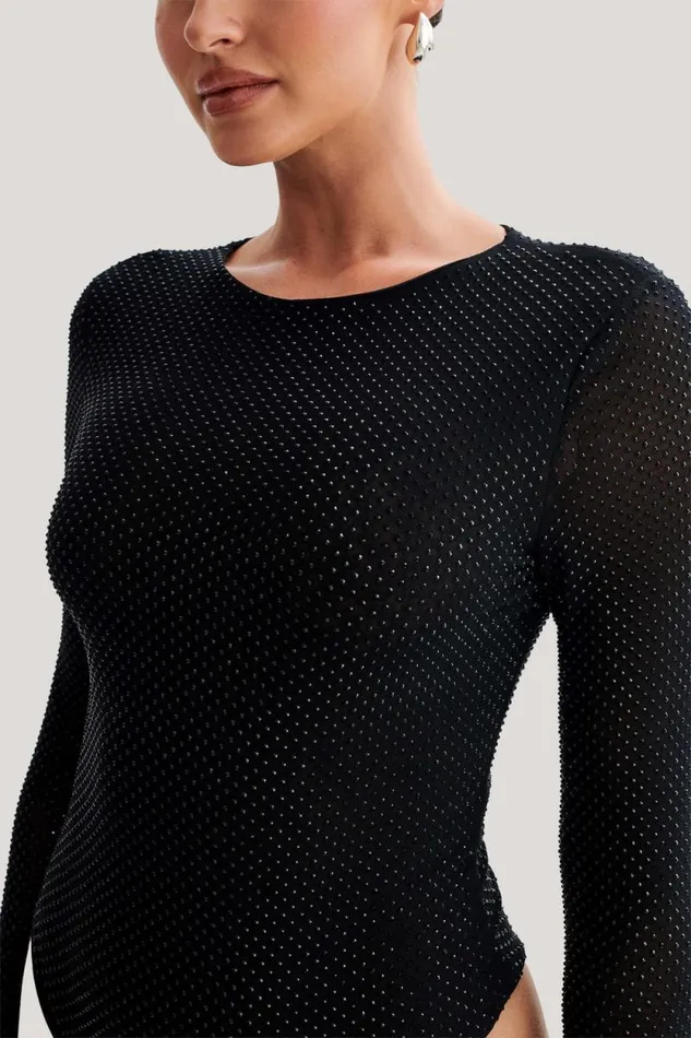 Women Meshki Tops Selma Long Sleeve Diamante Bodysuit 8211 BlackBlack