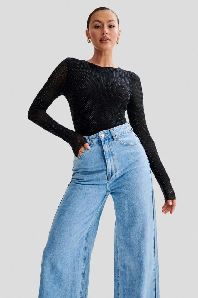 Women Meshki Tops Selma Long Sleeve Diamante Bodysuit 8211 BlackBlack