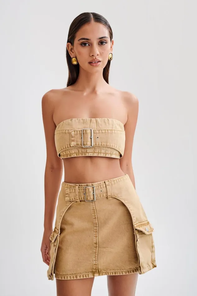 Women Meshki Two Piece Sets Rowena Denim Buckle Bandeau 8211 Tan Acid Wash