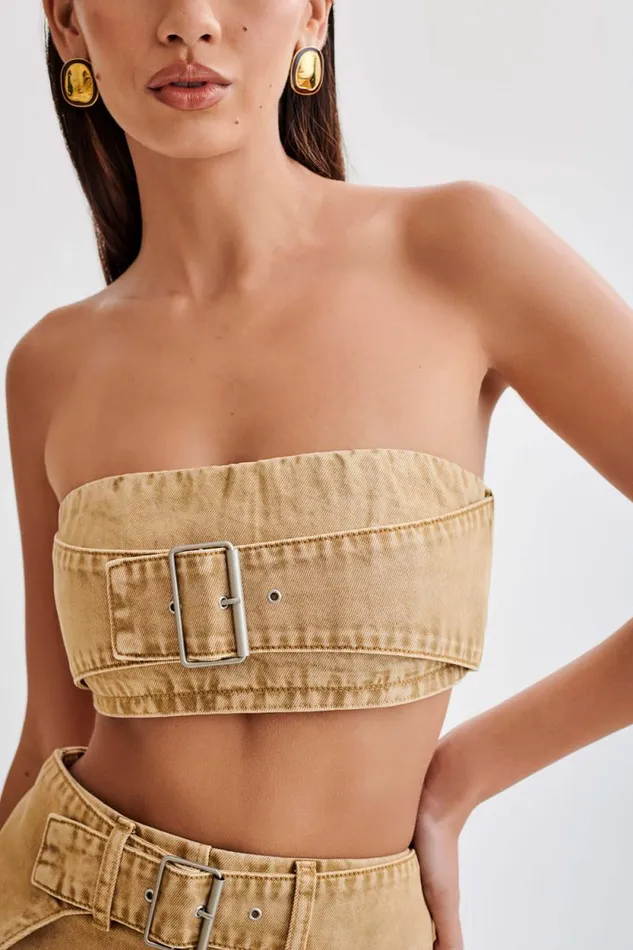 Women Meshki Two Piece Sets Rowena Denim Buckle Bandeau 8211 Tan Acid Wash