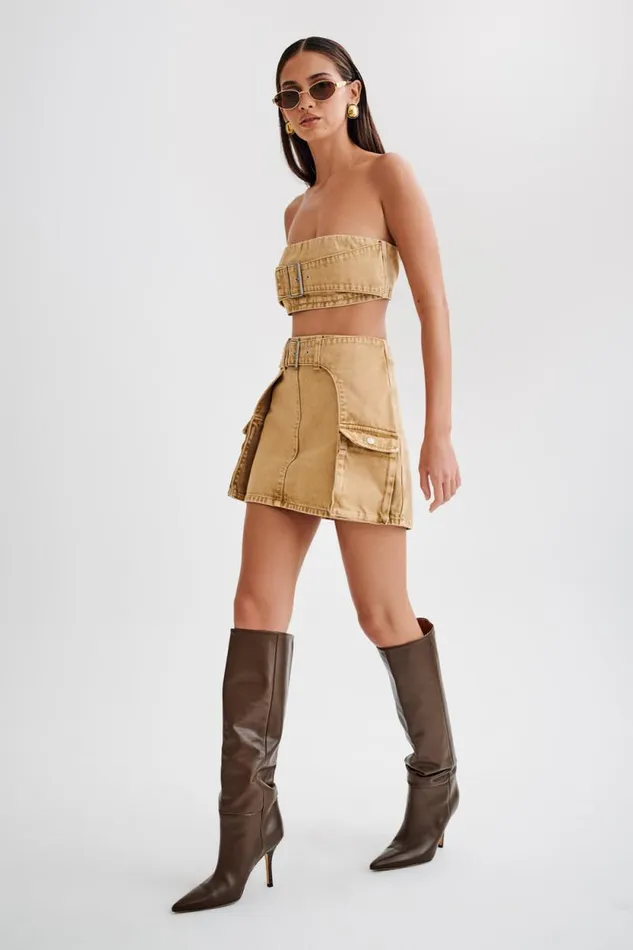 Women Meshki Two Piece Sets Rowena Denim Buckle Bandeau 8211 Tan Acid Wash