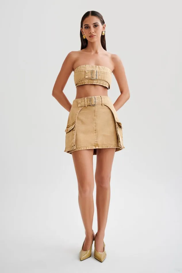 Women Meshki Two Piece Sets Rowena Denim Buckle Bandeau 8211 Tan Acid Wash