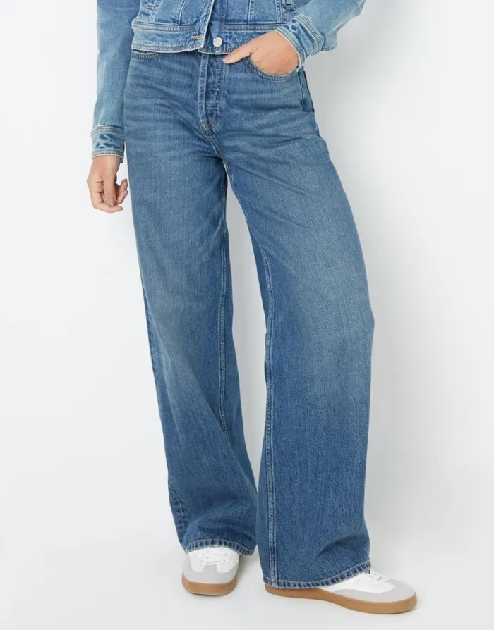 Women Mid Wash Baggy Wide Leg Jeans Threadbare Jeans