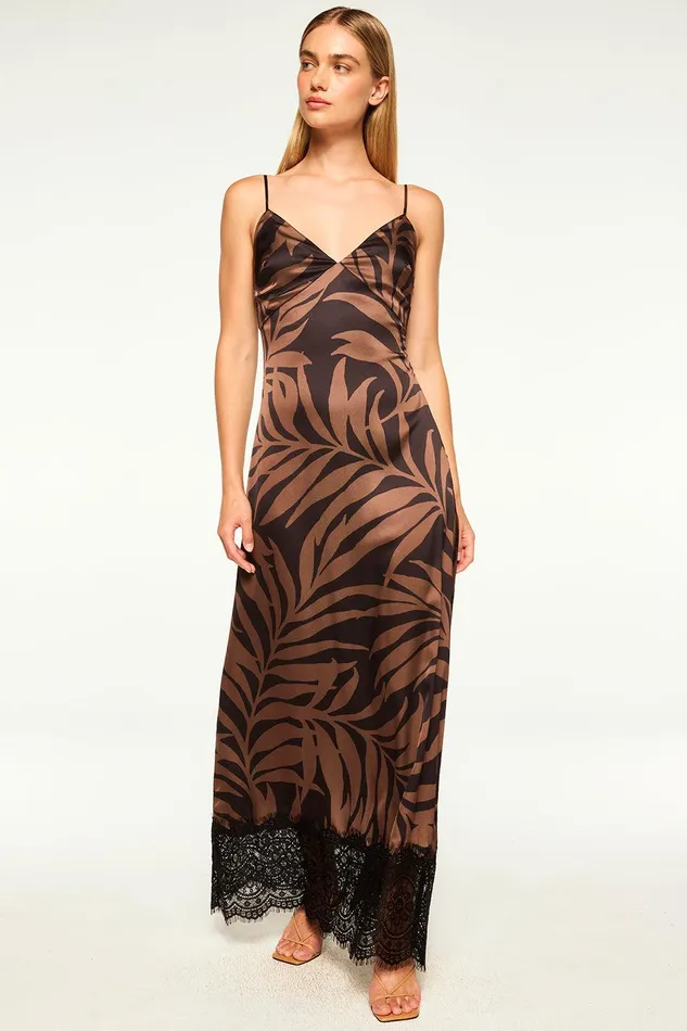 Women MISA Los Angeles Dresses TOVA DRESS Chocolate Palm Frond Satin