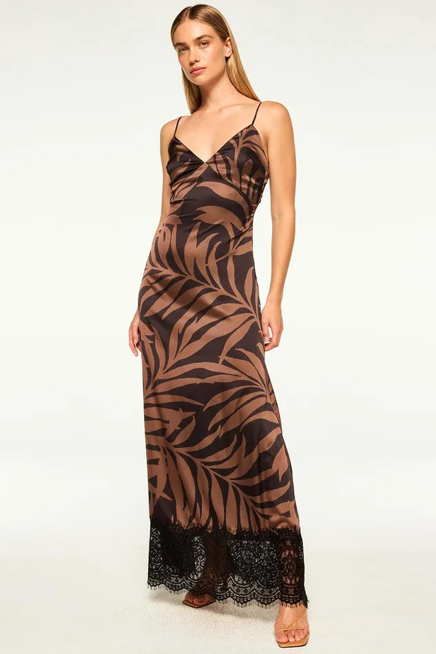 Women MISA Los Angeles Dresses TOVA DRESS Chocolate Palm Frond Satin
