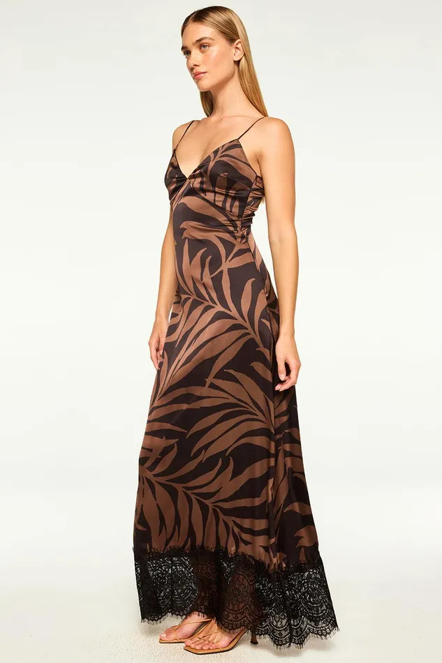 Women MISA Los Angeles Dresses TOVA DRESS Chocolate Palm Frond Satin