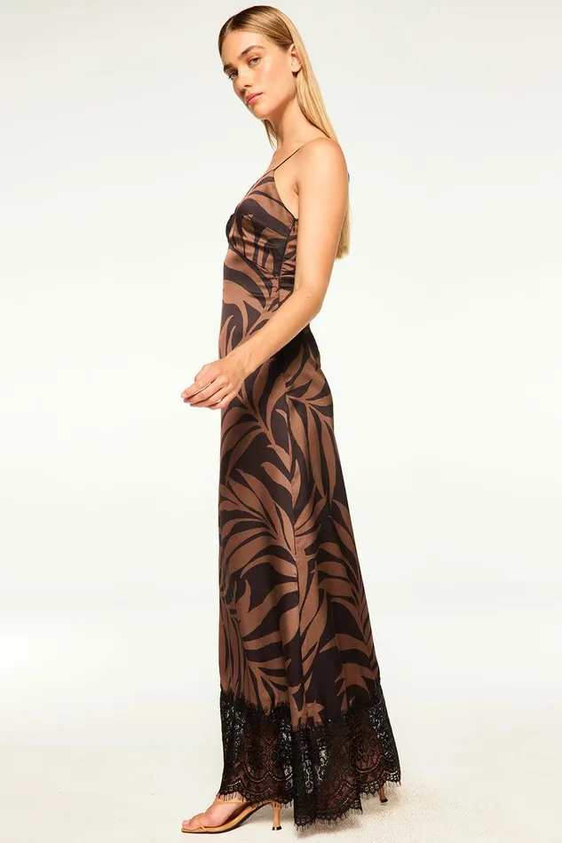 Women MISA Los Angeles Dresses TOVA DRESS Chocolate Palm Frond Satin
