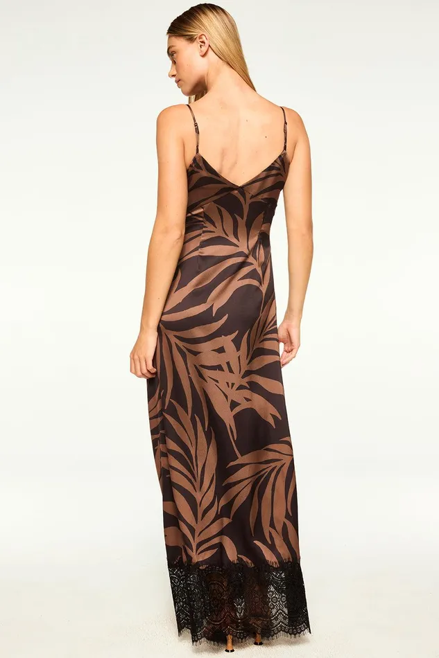 Women MISA Los Angeles Dresses TOVA DRESS Chocolate Palm Frond Satin