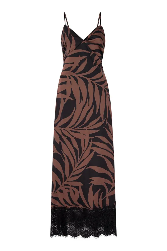 Women MISA Los Angeles Dresses TOVA DRESS Chocolate Palm Frond Satin