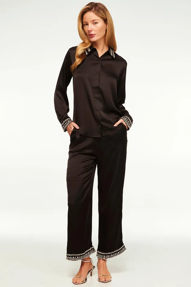 Women MISA Los Angeles Matching Sets ELLIE TOP Black Satin