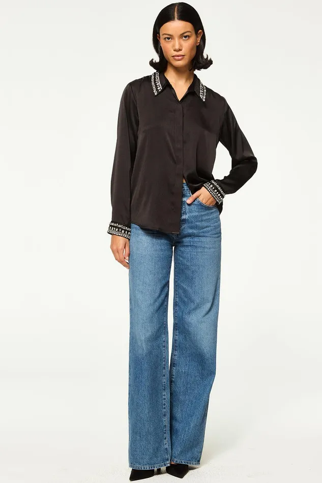 Women MISA Los Angeles Matching Sets ELLIE TOP Black Satin