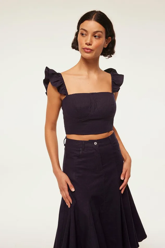 Women MISA Los Angeles Tops MIYA TOP Navy Linen