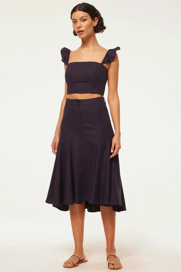 Women MISA Los Angeles Tops MIYA TOP Navy Linen