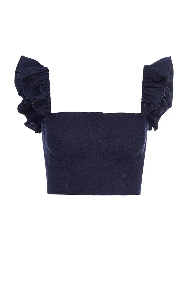 Women MISA Los Angeles Tops MIYA TOP Navy Linen