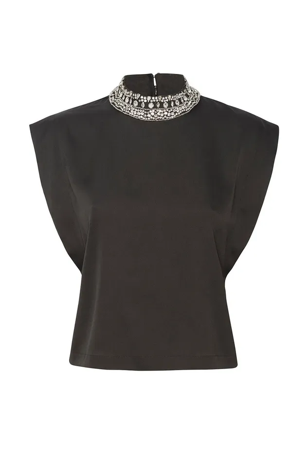 Women MISA Los Angeles Tops RILEY TOP Black Satin