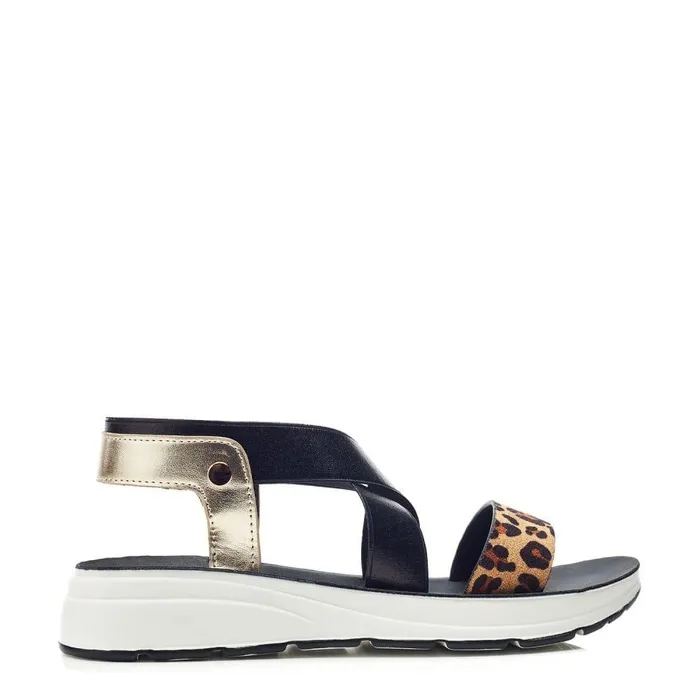 Women Moda In Pelle Flatform Sandals Rosanne Black Mini Leop Print Porvair